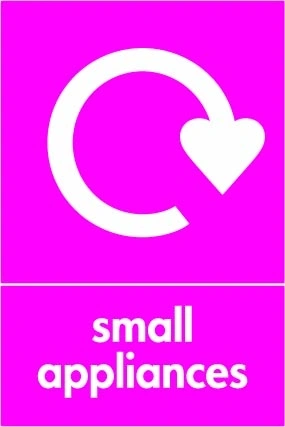 Small appliances sign showing white recycling arrow above wording on magenta background. Artwork ELEC0077.