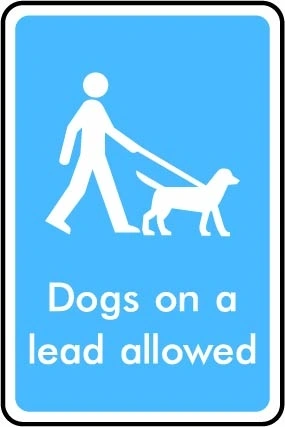 Dogs on a lead allowed printed sign. Blue information artwork INFO0022.