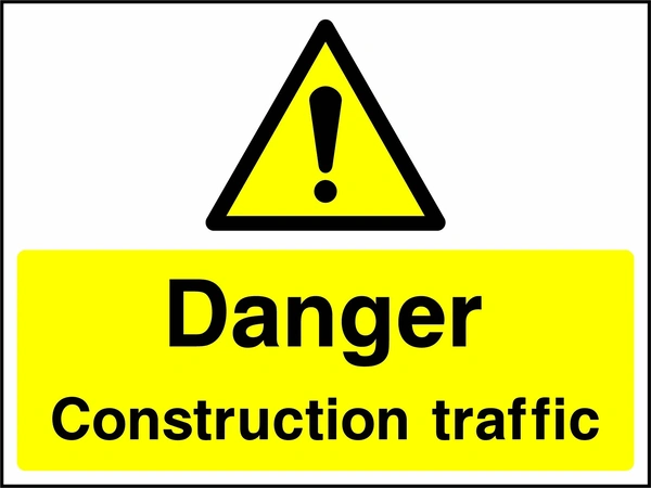A black exclamation mark inside a yellow warning triangle above black wording on a yellow panel with Danger — Construction traffic wording. CONS0103 artwork.