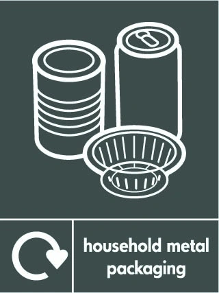 Household metal packaging recycling sign showing white recycling arrow, material illustration and wording on a dark grey portrait panel. Artwork META0058.