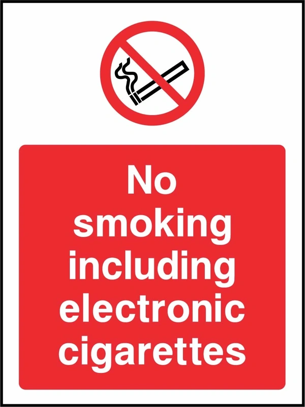 No smoking including electronic cigarettes sign. red prohibition pictogram above a red wording panel. Artwork SMOK0065.