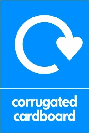 Corrugated cardboard recycling sign showing white recycling arrow and wording on a blue portrait panel. Artwork PAPE0026.