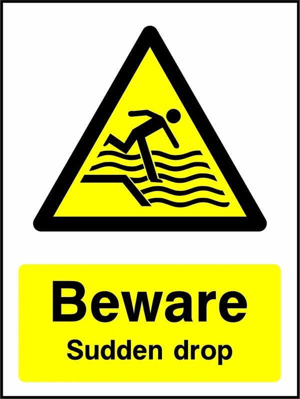 Beware — Sudden drop sign showing a yellow warning triangle above the printed water or coastal hazard message. Artwork WATE0040.