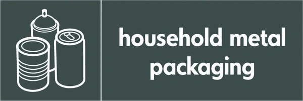 Household metal packaging recycling sign showing white material illustration and wording on a dark grey letterbox panel. Artwork META0018.