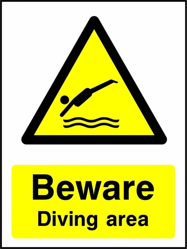 Beware — Diving area sign showing a yellow warning triangle above the printed water or coastal hazard message. Artwork WATE0028.