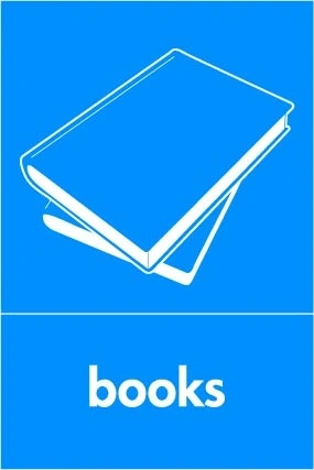 Books recycling sign showing white material illustration and wording on a blue portrait panel. Artwork PAPE0032.