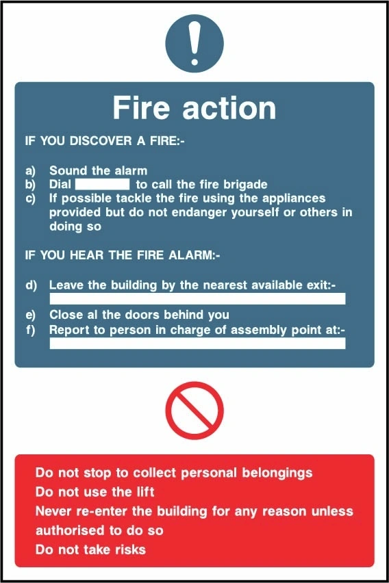 Fire Action printed notice with the original action instructions and layout. Artwork FACT0027.