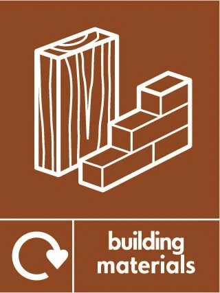 Building materials recycling sign showing recycling arrow and material illustration with white wording on brown. Artwork BUIL0034.