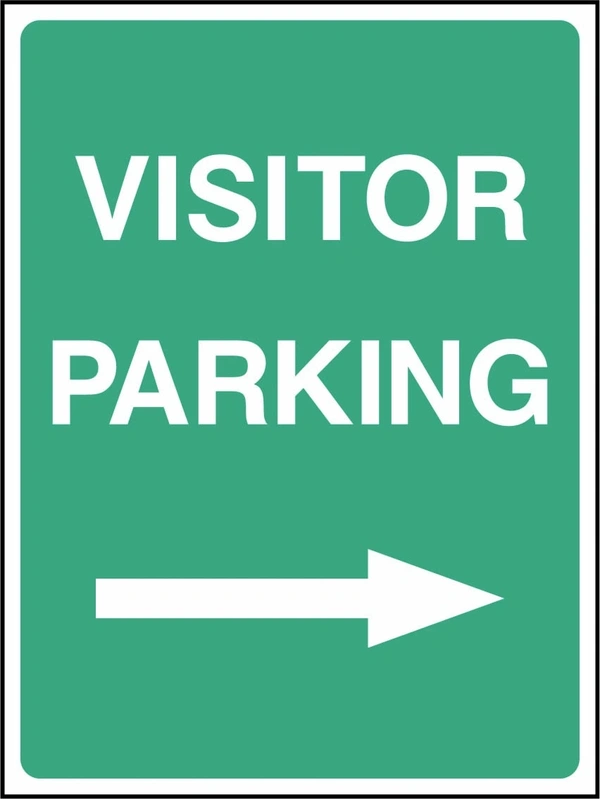 Visitor Parking — Right arrow sign. green background with white lettering. Supplied artwork PARK0033.