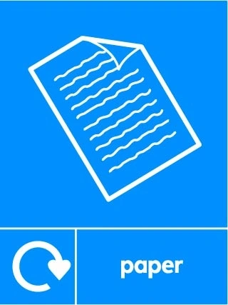 Paper recycling sign showing white recycling arrow and material illustration and wording on a blue portrait panel. Artwork PAPE0045.