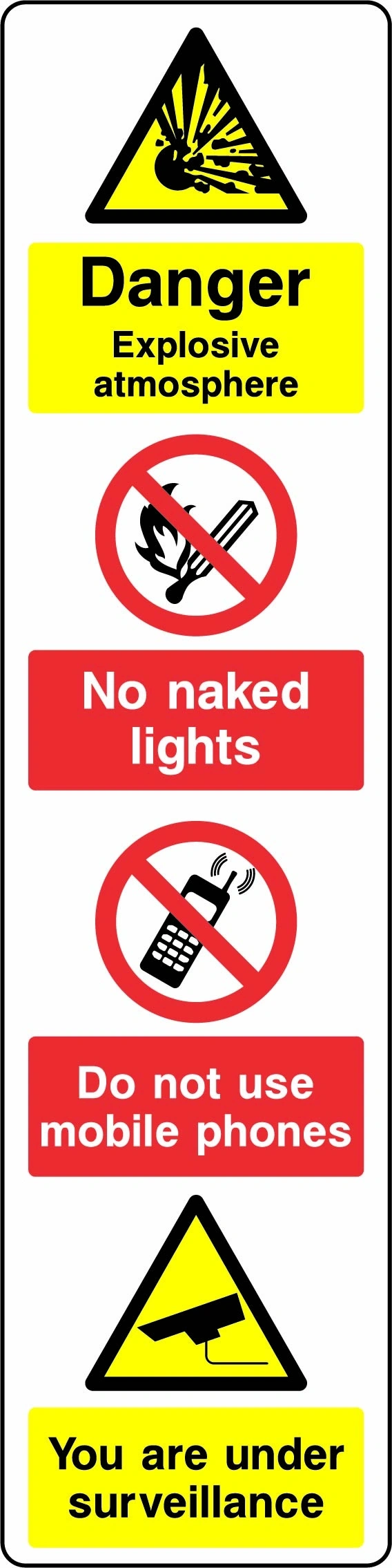 Danger — Explosive atmosphere — No naked lights — Do not use mobile phones — You are under surveillance sign showing the supplied warning, instruction and information panels. Artwork GARA0035.