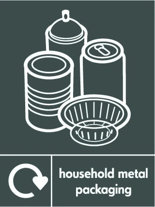 Household metal packaging recycling sign showing white recycling arrow, material illustration and wording on a dark grey portrait panel. Artwork META0057.