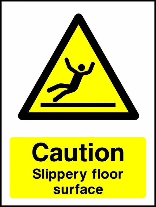 Caution — Slippery floor surface sign showing yellow slipping person warning pictogram above wording. Artwork GENE0063.