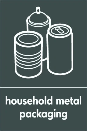 Food tins & drink cans recycling sign showing white material illustration and wording on a dark grey portrait panel. Artwork META0047.