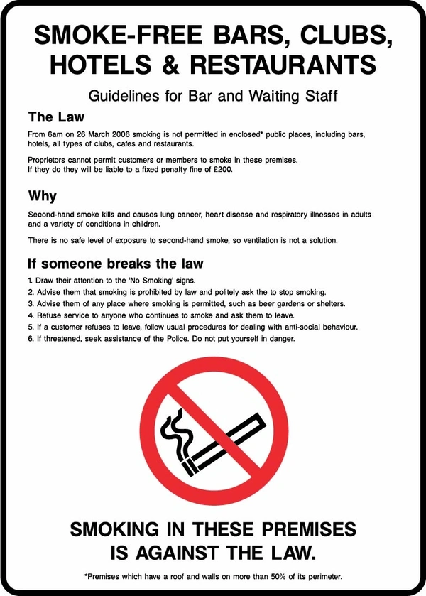 Smoke-free bars, clubs, hotels & restaurants — Guidelines for Bar and Waiting Staff sign. detailed black staff-guidance text with a red no-smoking pictogram. Artwork SMOK0083.
