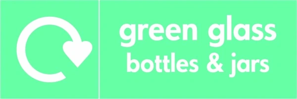 Green glass bottles & jars recycling sign showing recycling arrow and wording on a light green letterbox panel. Artwork GLAS0013.