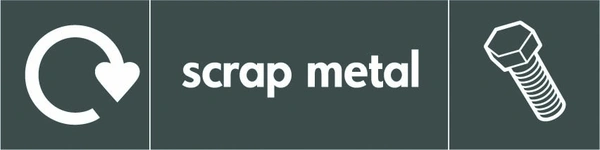 Scrap metal recycling sign showing white recycling arrow, material illustration and wording on a dark grey letterbox panel. Artwork META0031.