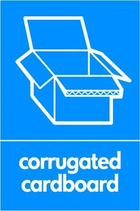 Corrugated cardboard recycling sign showing white material illustration and wording on a blue portrait panel. Artwork PAPE0034.