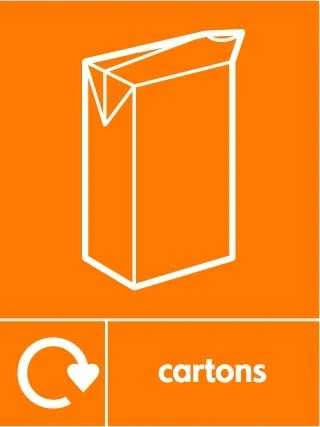 Cartons collection-point artwork with a white recycling arrow, item illustration and wording on orange. OTHE0032.