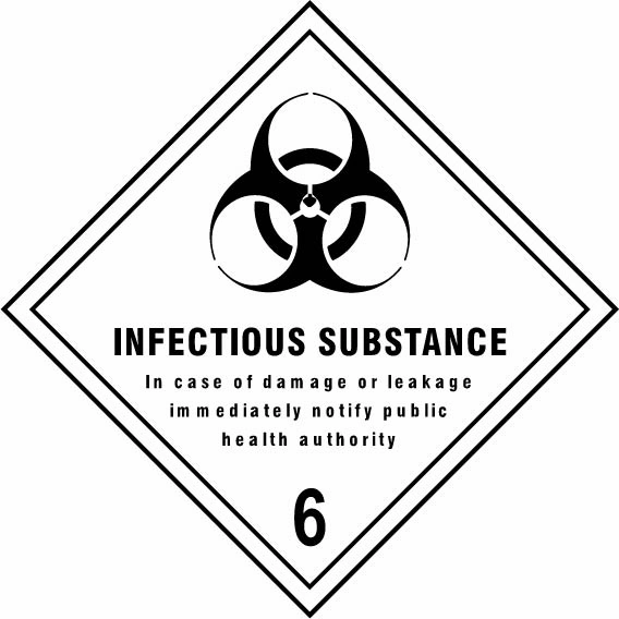 Infectious substance — In case of damage or leakage immediately notify public health authority sign showing diamond-shaped dangerous-substance symbol with supplied colours and markings. Artwork
