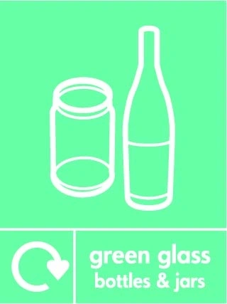 Green glass bottles & jars recycling sign showing recycling arrow and glass illustration and wording on a light green portrait panel. Artwork GLAS0034.