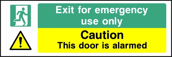Exit for emergency use only — Caution — This door is alarmed sign. yellow-and-black warning or coloured access panels. Artwork SECU0018.