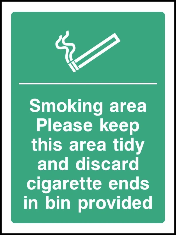 Smoking area — Please keep this area tidy and discard cigarette ends in bin provided sign. green smoking or vaping pictogram and wording panel. Artwork SMOK0090.