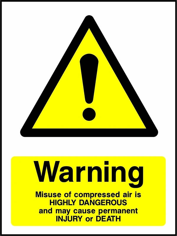 Warning — Misuse of compressed air is highly dangerous and may cause permanent injury or death sign with yellow triangular exclamation mark pictogram above wording. Artwork CHEM0073.