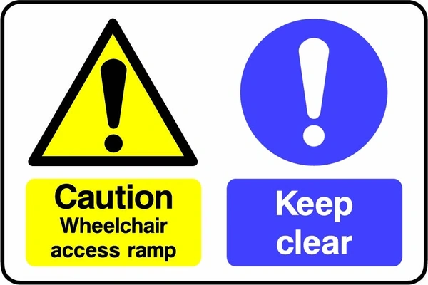 Caution — Wheelchair access ramp — Keep clear sign showing collated yellow ramp warning and blue keep-clear panels. Artwork DDA0014.