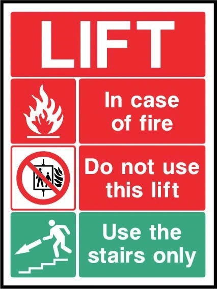 Lift — In case of fire — Do not use this lift — Use the stairs only sign showing collated fire lift-prohibition and ascending-stairs panels. Artwork LIFT0025.