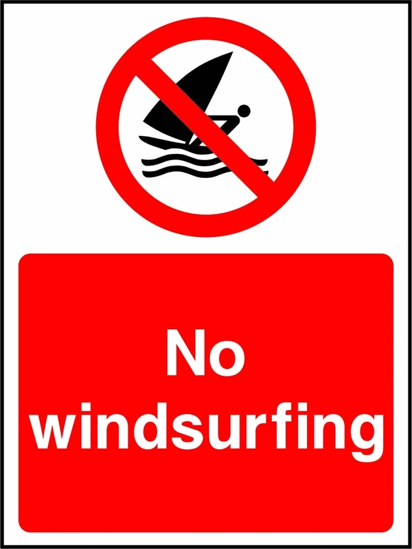 No windsurfing sign showing a red prohibition pictogram above the printed instruction. Artwork WATE0006.
