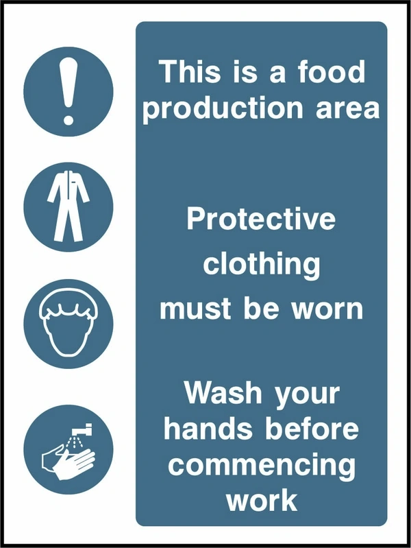 This is a food production area — Protective clothing must be worn — Wash hands before work. Food processing sign artwork FOOD0025.