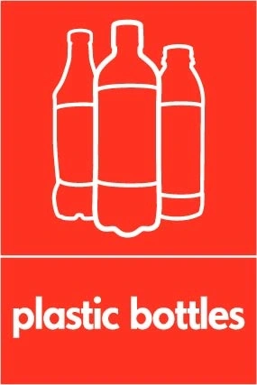 Plastic bottles recycling sign showing white plastic illustration and wording on a red portrait panel. Artwork PLAS0022.