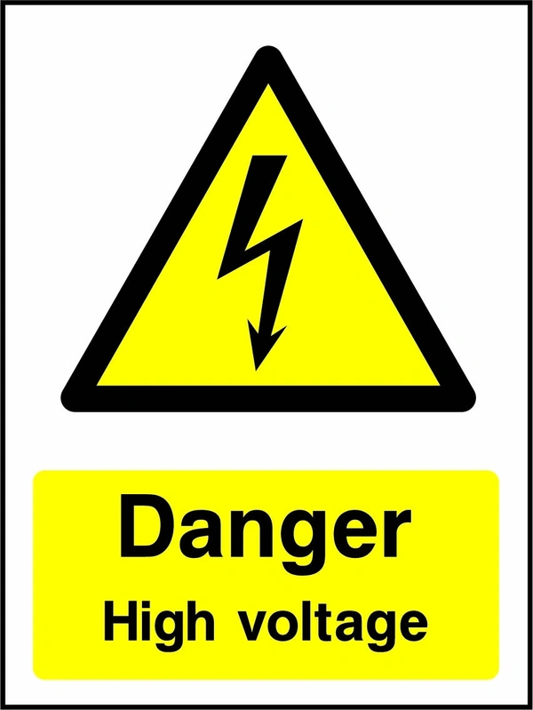 Danger — High voltage sign showing yellow electrical lightning bolt warning triangle above wording. Artwork ELEC0044.