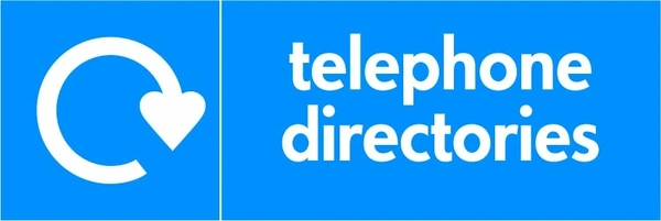 Telephone directories recycling sign showing white recycling arrow and wording on a blue letterbox panel. Artwork PAPE0006.