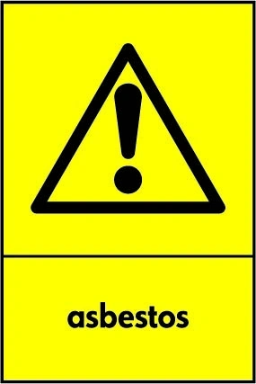 Asbestos sign showing black pictogram and wording on a yellow panel. Artwork HAZA0007.