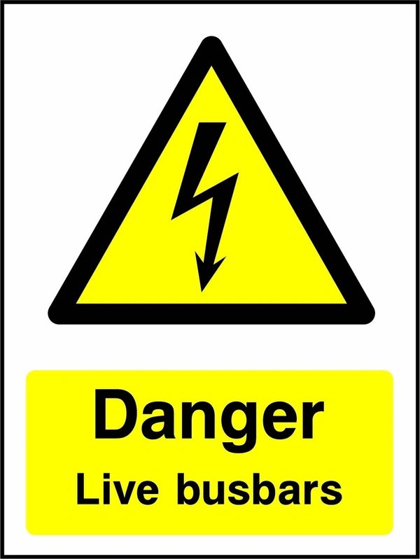 Danger — Live busbars sign showing yellow electrical lightning bolt warning triangle above wording. Artwork ELEC0048.