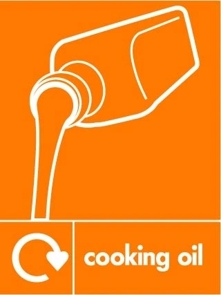 Cooking oil collection-point artwork with a white recycling arrow, item illustration and wording on orange. OTHE0033.