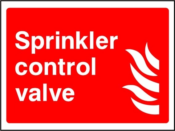 Sprinkler control valve sign showing sprinkler valve identification with flame pictogram. Artwork FEQP0047.