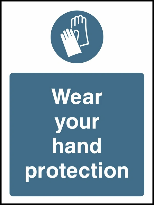 Wear your hand protection sign showing blue mandatory protective-equipment pictogram and wording. Artwork PROT0012.