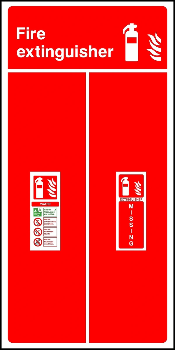Fire extinguisher — WATER — EXTINGUISHER MISSING sign showing collated water identification and missing-equipment panels. Artwork FEQP0064.