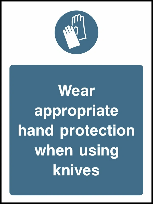 Wear appropriate hand protection when using knives. Food processing sign artwork FOOD0007.