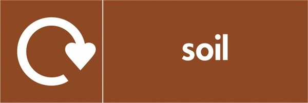 Soil recycling sign showing recycling arrow with white wording on brown. Artwork BUIL0004.