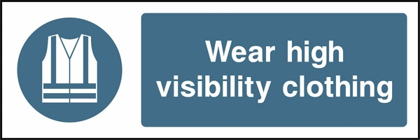 Wear high visibility clothing sign showing blue high visibility vest pictogram beside wording. Artwork PPE0024.