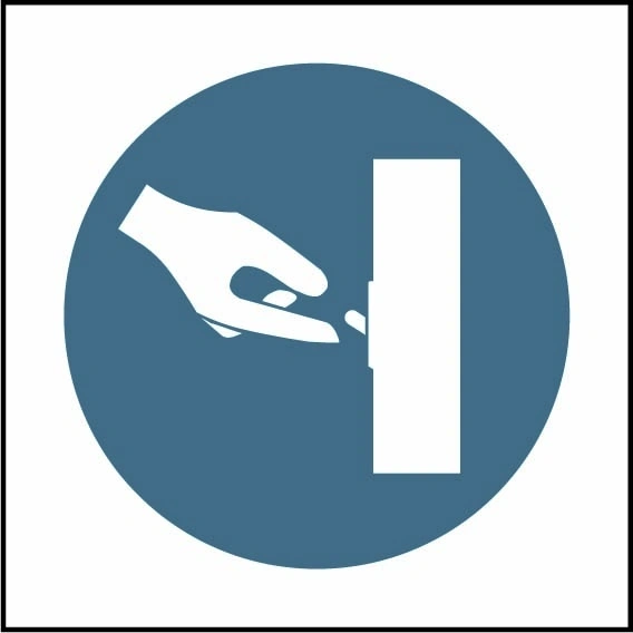 Use barrier cream pictogram sign showing white hand taking cream from dispenser pictogram in blue circle. Artwork MACH0061.