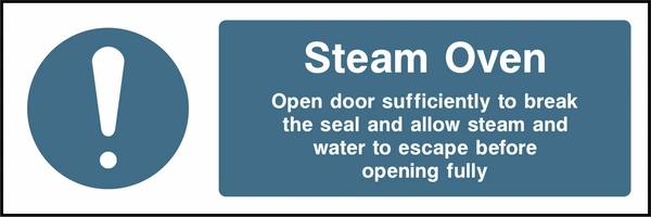 Steam oven — Allow steam and water to escape before opening fully. Food processing sign artwork FOOD0063.