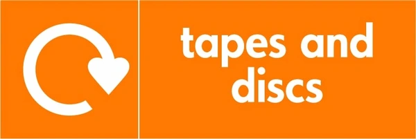 Tapes and discs collection-point artwork with a white recycling arrow and wording on orange. OTHE0010.