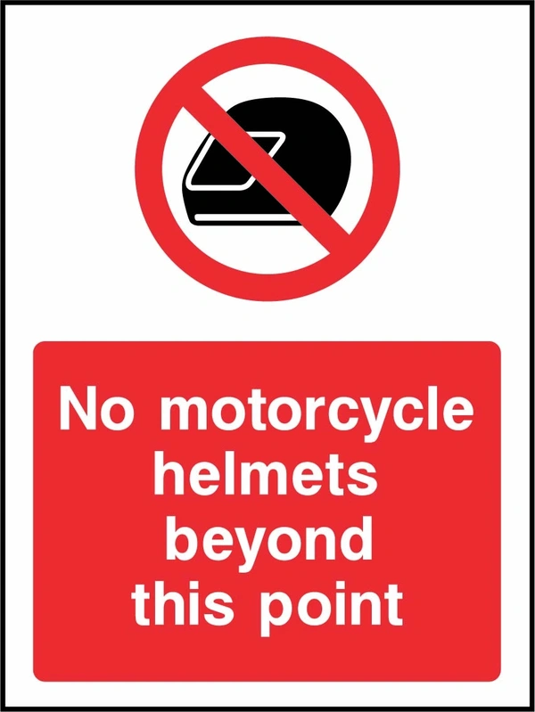 No motorcycle helmets beyond this point sign showing red motorcycle helmet prohibition symbol above wording. Artwork GENE0120.