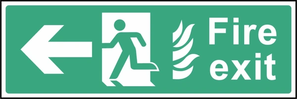 Green and white Fire exit sign showing left-pointing arrow. Artwork EMER0019.