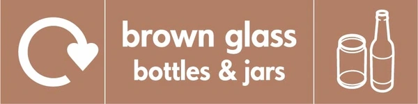 Brown glass bottles & jars recycling sign showing recycling arrow and glass illustration and wording on a brown letterbox panel. Artwork GLAS0011.
